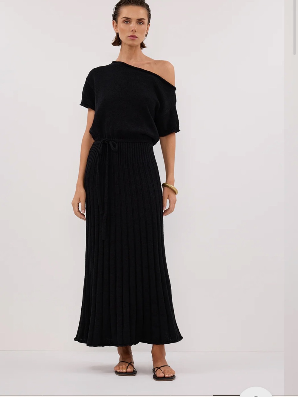 DISSH Black Ribbed Maxi Dress with Drawstring Waist